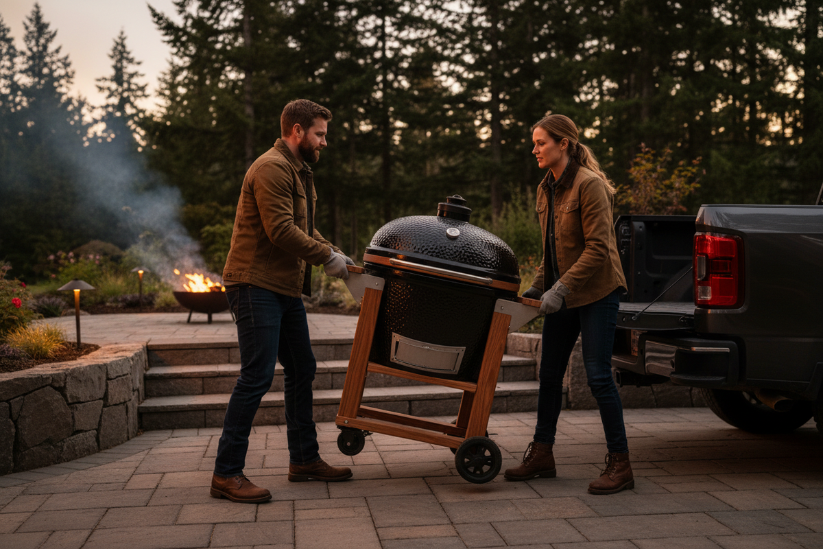 People unloading a grill from a truck
